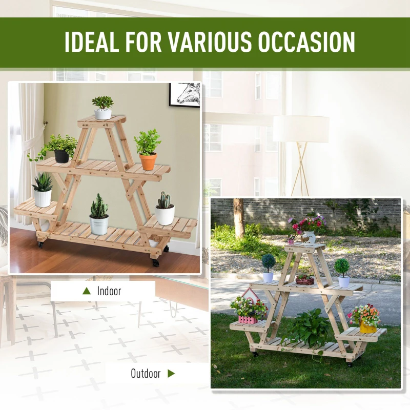 Outsunny Outdoor Plant Stand w/ Wheels and Brakes, Mobile Wood Plant Shelf Flower Stand for Garden Balcony Backyard Corner Living Room, Natural