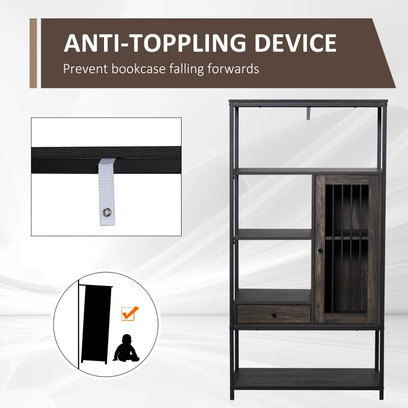 HOMCOM 4-Tier Industrial Style Bookcase with Open Storage Display Rack, Drawer, Cabinet for Living Room, Dark Brown