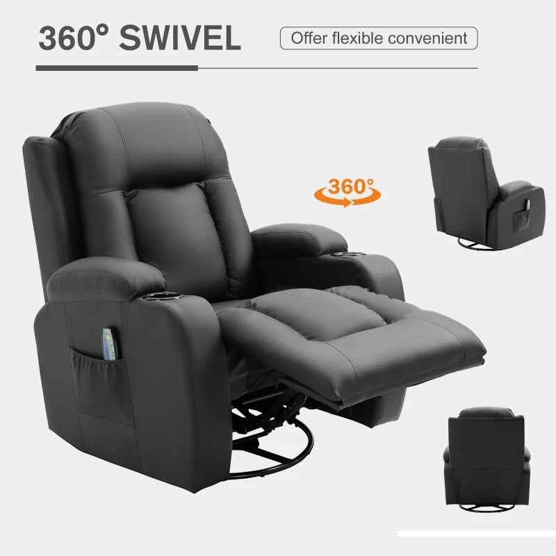 HOMCOM Luxury Faux Leather Heated Vibrating 8 Point Massage Recliner Chair with 360 Swivel and Remote, Black