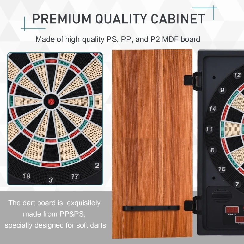 Soozier Electronic Dartboard Cabinet Set with 27 Main Games, 202 Variations, 12 Darts for Multi-Game Option Ready-to-Play, Light Brown