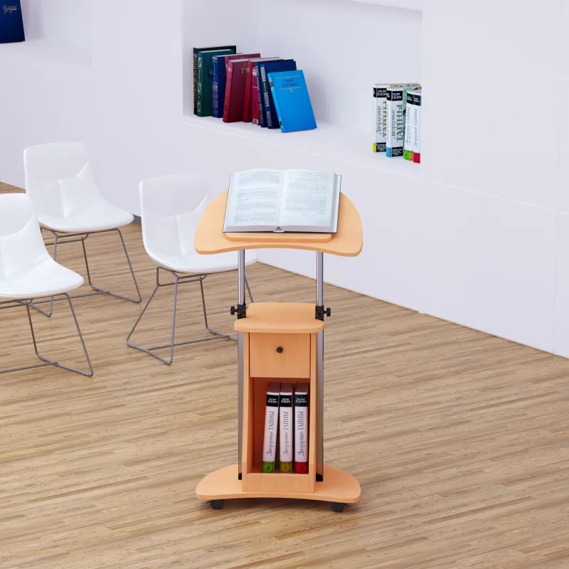 HOMCOM Mobile Laptop Cart,Sit-to-Stand Computer Desk with drawer, Height Adjustable Rolling Podium Desk Stand with Swivel Top & Storage, Beech Wood
