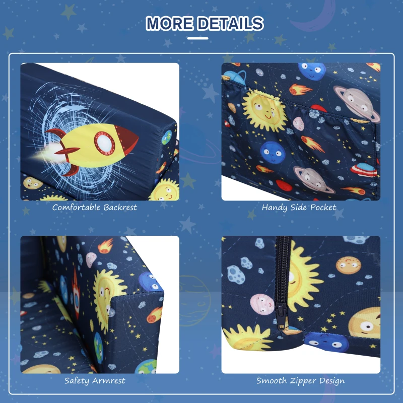 Qaba Kids Fold-Out Couch/Chair Lounger with Space-Themed Washable Fabric & Removable Cushion for 3-6 Years Old, Blue