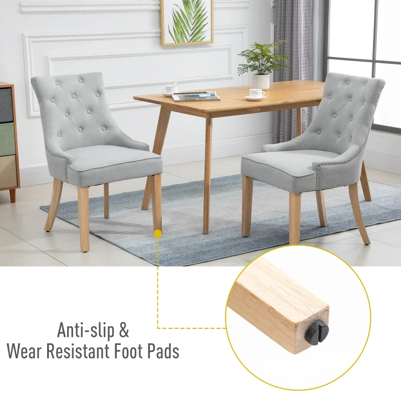 HOMCOM 2 Piece Fabric Dining Chairs Set of 2, Leisure Padded Accent Chair with Armrest, Solid Wooden Legs, Light Grey