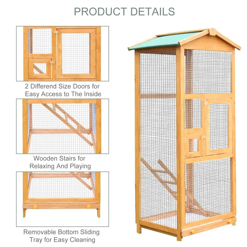 PawHut 65" Wooden Bird Cage Outdoor Aviary House for Parrot, Parakeet, with Pull Out Tray and 2 Doors, Natural