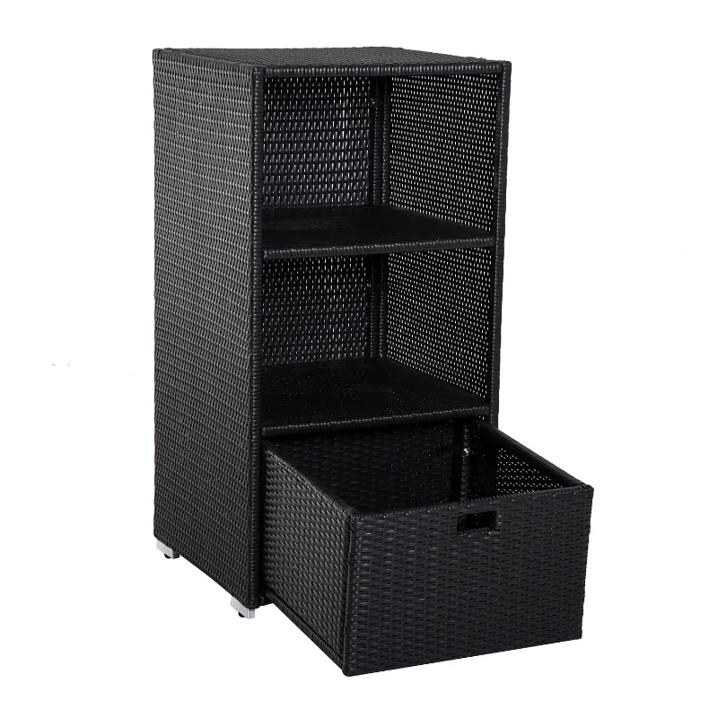 Outsunny Poolside Towel Cabinet, Rattan Wicker with Storage,2-Tier Shelves and Bottom Drawer, for Pool, Patio Backyard, 47", Dark Brown