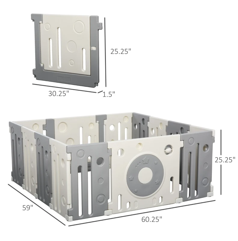 Qaba 14-Piece Children Baby Playpen Kids Activity Center Fence Enclosure with Easy Safety Gate & Built-In Fun Toys, Grey