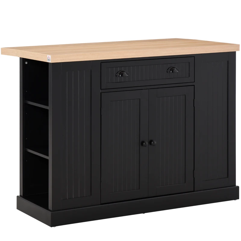 HOMCOM Fluted-Style Wooden Kitchen Island, Countertop with Drop Leaf, Drawer, Open Shelves, Storage, Black