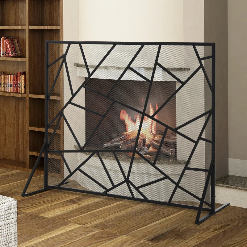 HOMCOM Single-Panel Metal Fireplace Screen Cover Stainless Steel Spark Guard Art Modern Decoration, Black