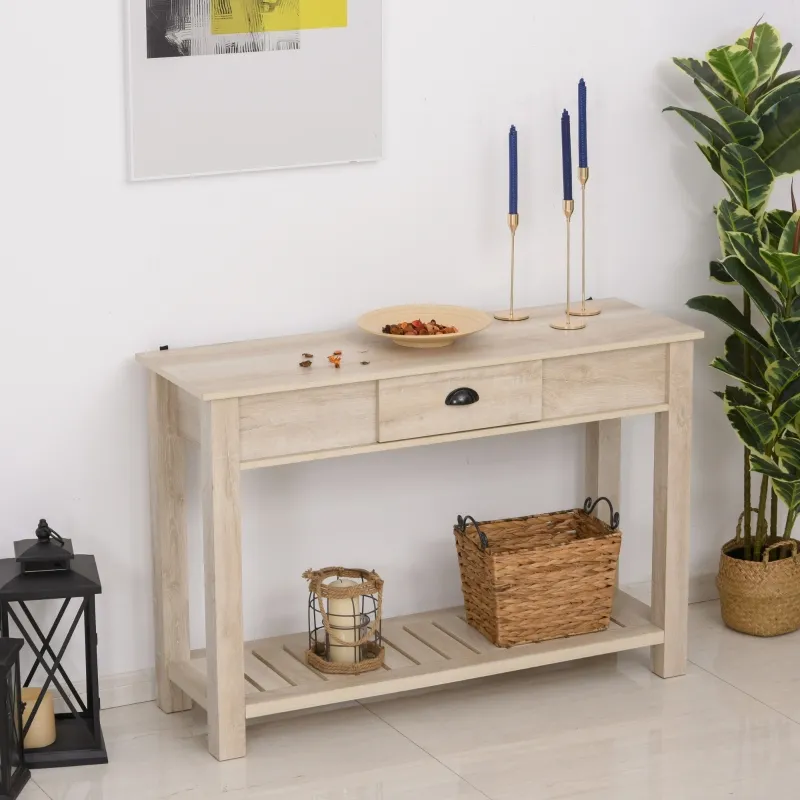 HOMCOM Console Side Entryway Table with Storage Drawer, Bottom Shelf, and Strong Sturdy Construction, White Oak