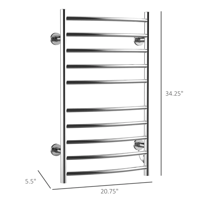 HomCom 10-Bar Curved Stainless Steel Wall Mounted Electric Heated Towel Rack Warmer