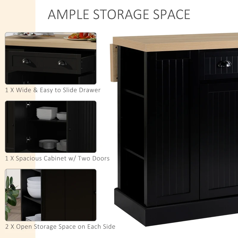 HOMCOM Fluted-Style Wooden Kitchen Island, Countertop with Drop Leaf, Drawer, Open Shelves, Storage, Black