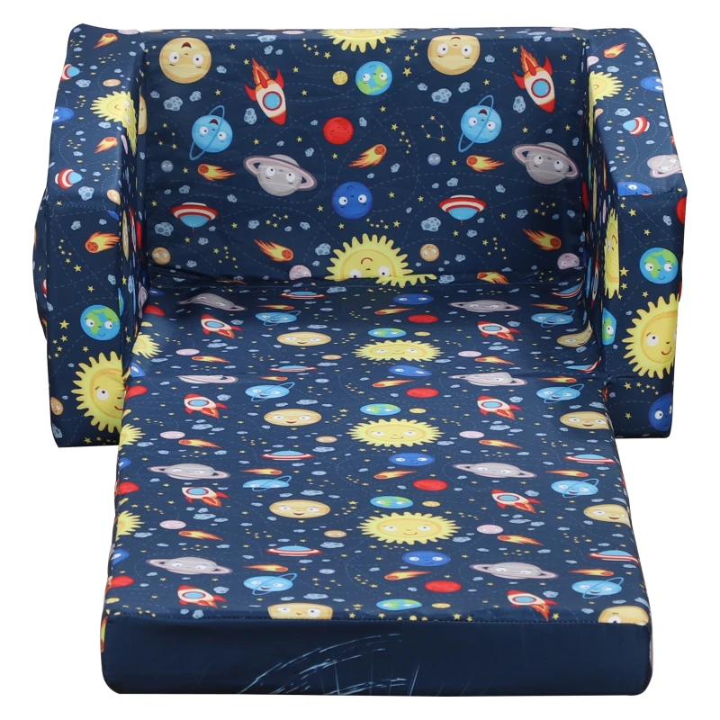 Qaba Kids Fold-Out Couch/Chair Lounger with Space-Themed Washable Fabric & Removable Cushion for 3-6 Years Old, Blue