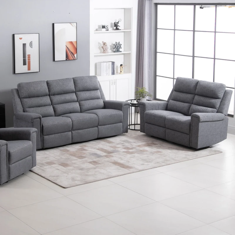 HOMCOM Modern 3-Seater Recliner Sofa with Linen Fabric and Thick Sponge Padding, 3 Seater Couch Recliner Couch Manual Reclining Sofa Living Room Furniture, Gray