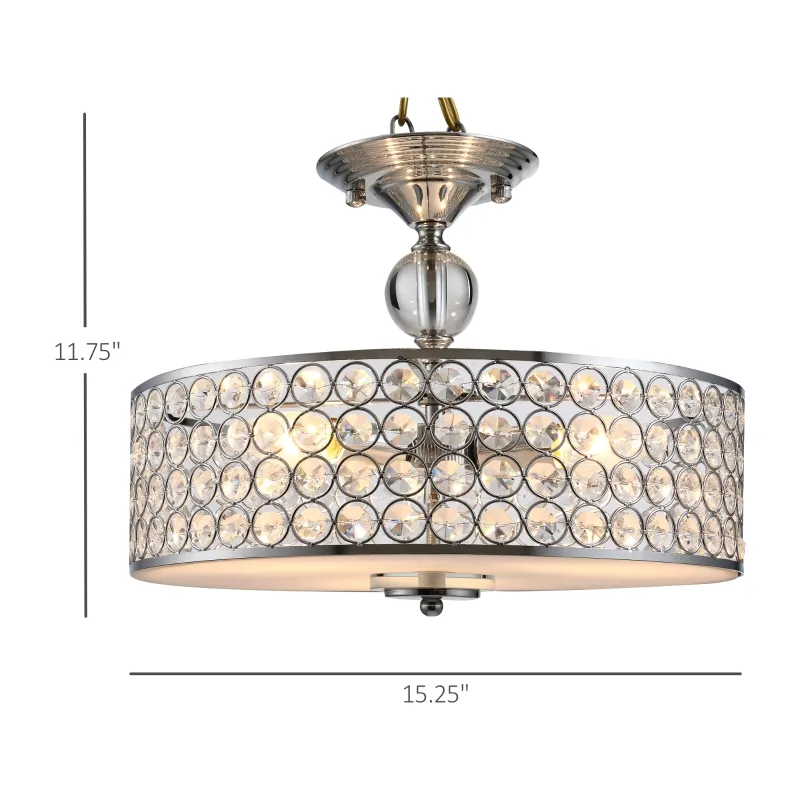 HOMCOM Chandelier Pendant Light Lamp with Crystal Ball Pole, Hanging Ceiling Lamp, Drum Shaped Shade, Metal Base, Silver