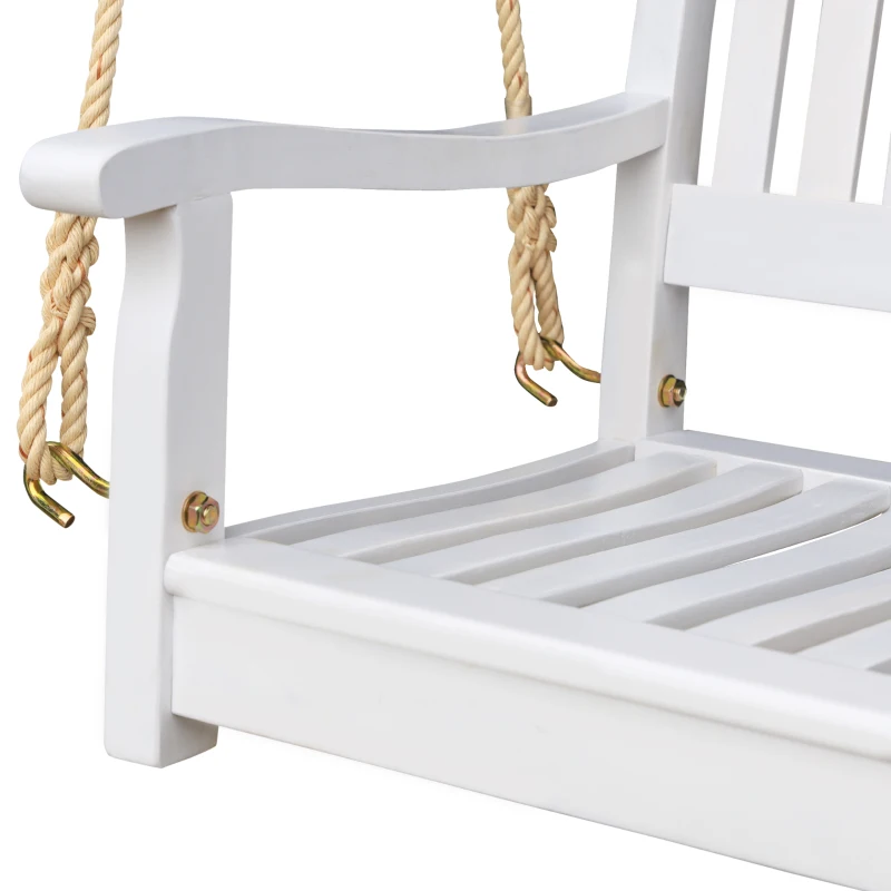 Outsunny 48'' 2-Seater Hanging Porch Swing, Outdoor Patio Wooden Swing Bench w/ Ropes, Slatted Design, 700 lb Weight Capacity, White