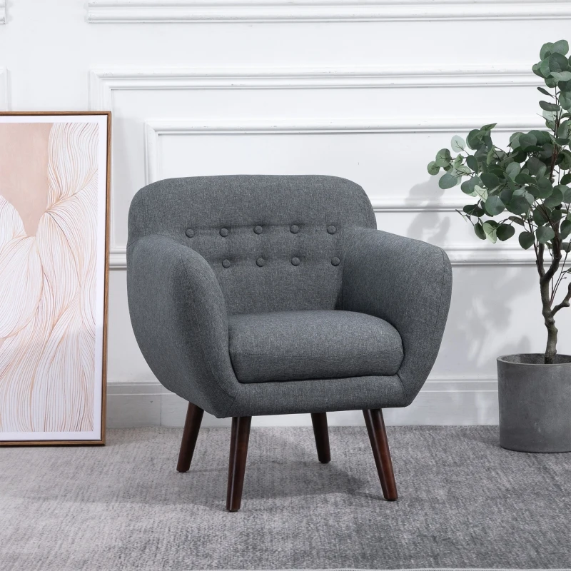 HOMCOM Accent Chair Linen-Touch Tufted Armchair Upholstered Leisure Lounge Sofa Club Chair with Wood Legs, Grey/Walnut