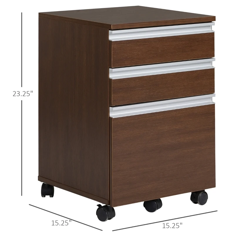 HOMCOM 23.25" 3-Drawer Office Storage Cabinet with Wheels, Brown
