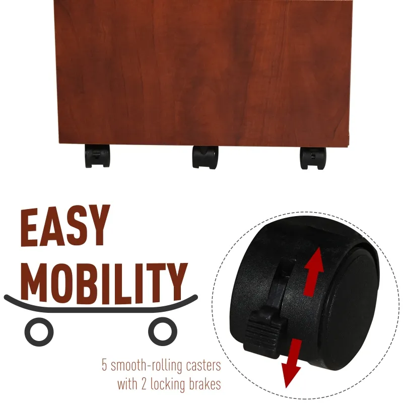 HOMCOM 3 Drawer Storage Cabinet, Mobile Desk Cabinet Under Desk with Wheels, Printer Stand for Home Office, Brown