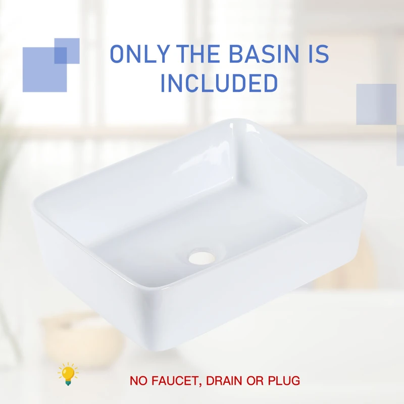 kleankin Rectangular Vessel Sink Above Counter Art Basin Porcelain Ceramic Bathroom Vanity Laundry Sink - High Glossy White