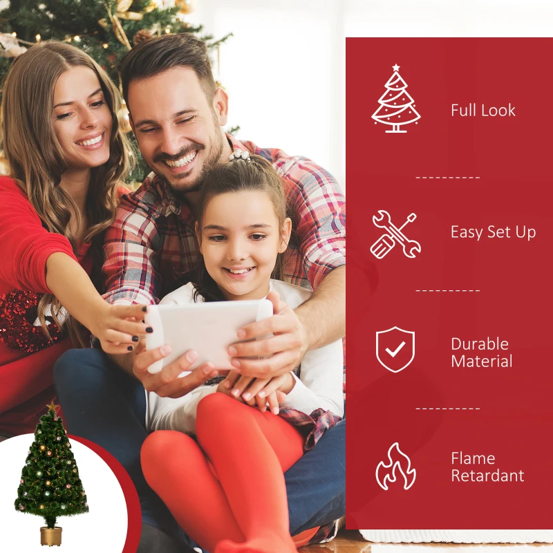 HOMCOM 3 FT Pre-Lit Artificial Table Christmas Tree, Fiber Optic Holiday Home Xmas Indoor Decoration with Golden Stand, Green