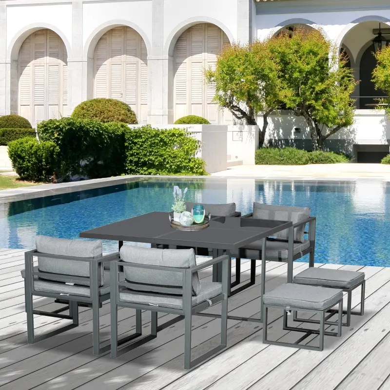 Outsunny 9 Piece Outdoor Patio Dining Set Furniture Set with 4 Chairs, 4 Ottomans, & Glass Table with Cushions & Aluminum Frame