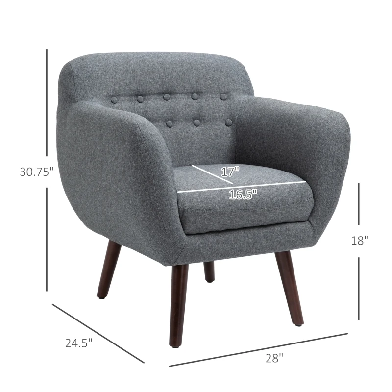 HOMCOM Accent Chair Linen-Touch Tufted Armchair Upholstered Leisure Lounge Sofa Club Chair with Wood Legs, Grey/Walnut