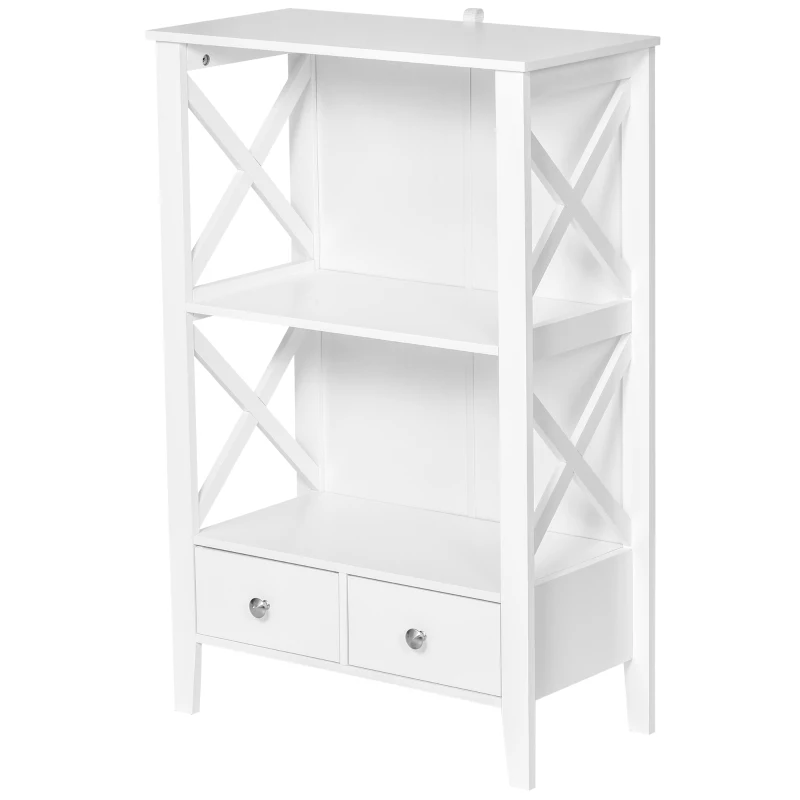 kleankin X- Frame Freestanding Floor Bathroom Storage with Two Drawers, Storage Organizer, Cabinet with 3 Shelves, White