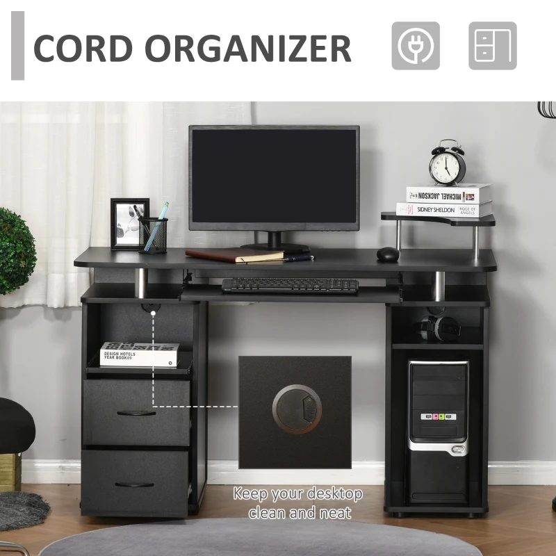 HOMCOM Multi-Function Computer Desk Home Office Workstation with Sliding Keyboard Tray, Elevated Shelf, Drawers and CPU Stand, Black