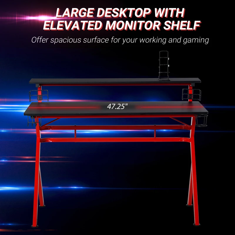HOMCOM 47" Gaming Desk Computer Table for Home Office with Elevated Monitor Stand, Headphone Hook, Cup Holder, and Controller Rack, Red/Black