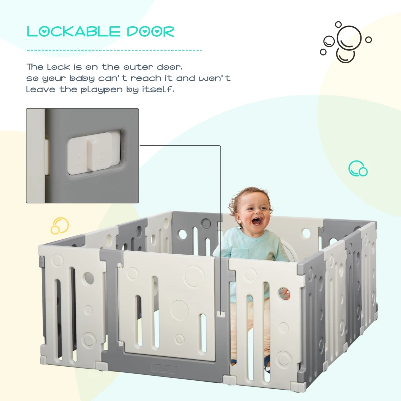 Qaba 14-Piece Children Baby Playpen Kids Activity Center Fence Enclosure with Easy Safety Gate & Built-In Fun Toys, Grey