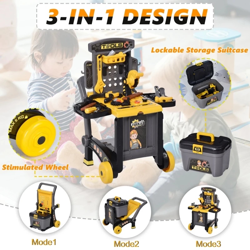 Qaba Kids Workbench Set Pretend Play Toy with Realistic Tools 3-in-1 Design Suitcase Cart with 60 Pcs Accessories for Girls and Boys 3 to 6 Years Old Yellow