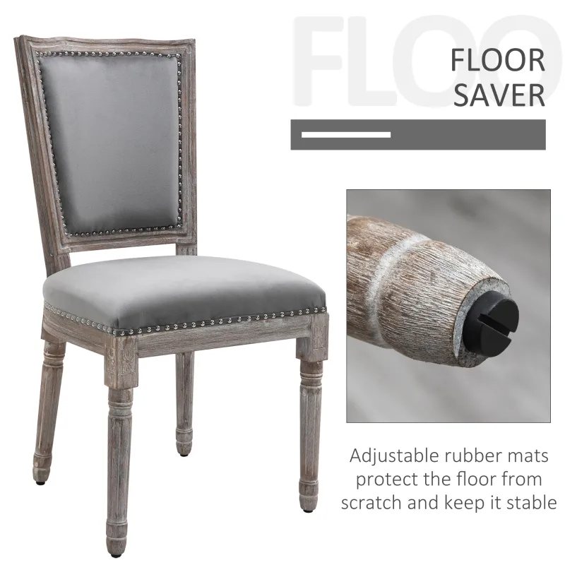 HOMCOM Vintage Upholstered Dining Chairs Set Of 2 with Nailhead Trim , Thick Padded Seat Cushions, and Wood Legs, Grey