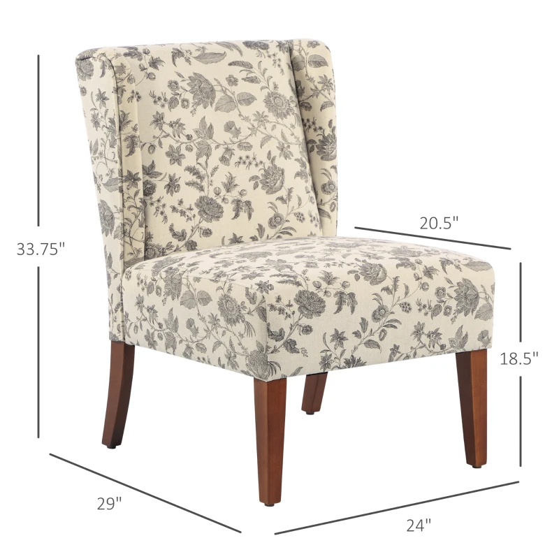 HOMCOM Upholstered Armless Accent Chair, Leisure Side Chair with Wingback, Soft Linen Fabric and Solid Wood Legs, Decorative for Bedroom, Living room, Floral