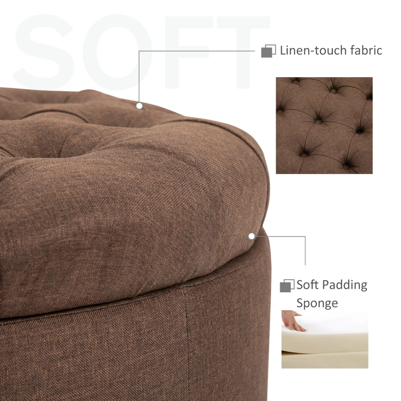 HOMCOM Round Linen-touch Fabric Storage Footstool Ottoman Button Tufted Footrest with Removable Lid, Brown
