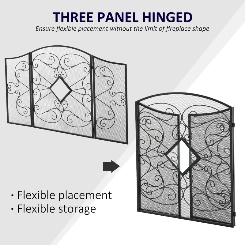 HOMCOM 3-Panel Metal Fireplace Spiral Mesh Cover Screen Home Foldable Steel Spark Guard Decoration, Black