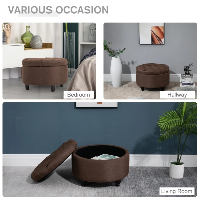 HOMCOM Round Linen-touch Fabric Storage Footstool Ottoman Button Tufted Footrest with Removable Lid, Brown