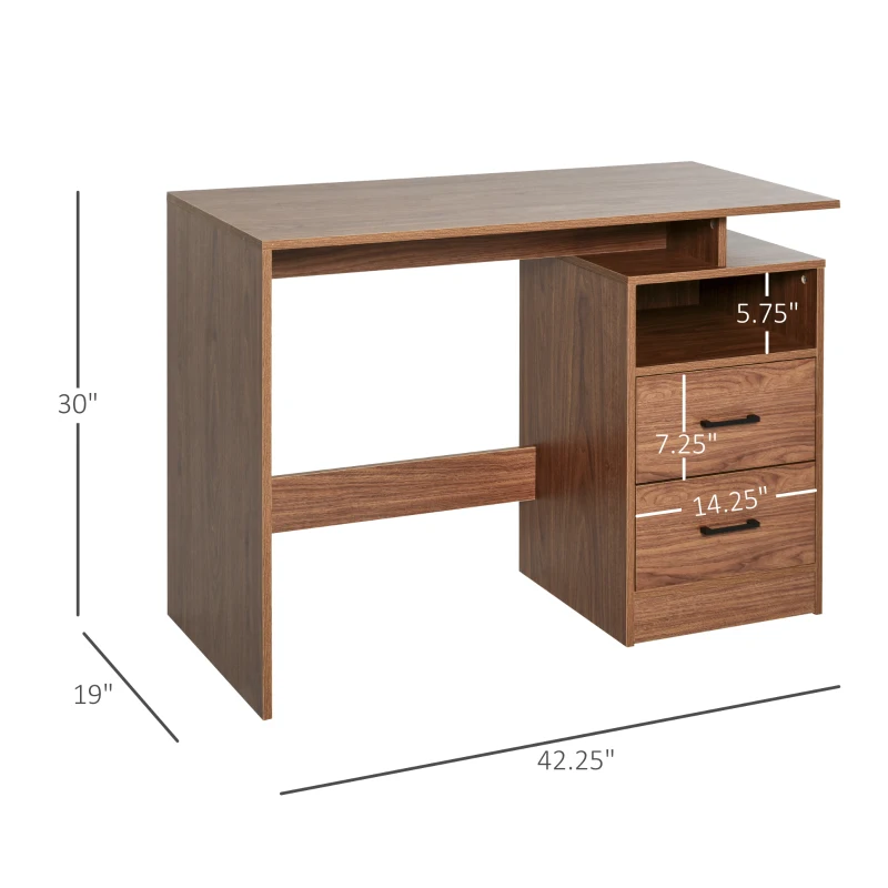 HOMCOM Compact Computer Desk with Split Open Shelves, 2 Pull Out Storage Drawers and Stable Wooden Frame, Walnut