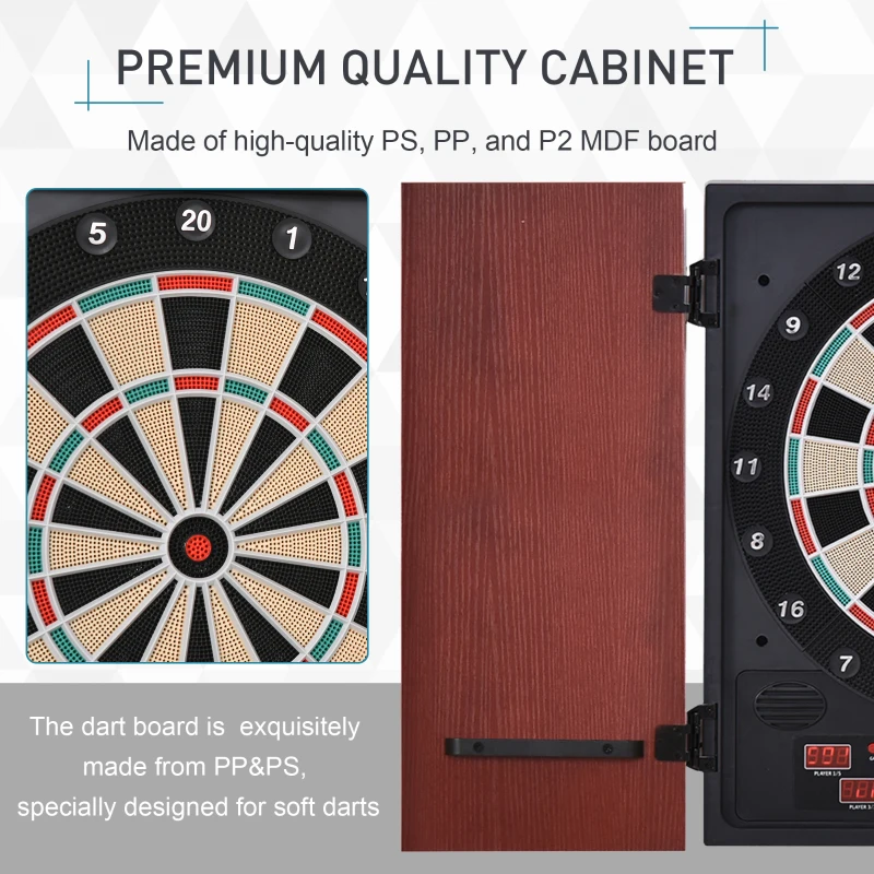 Soozier Electronic Dartboard Cabinet Set with 27 Main Games, 202 Variations, 12 Darts for Multi-Game Option Ready-to-Play, Dark Brown