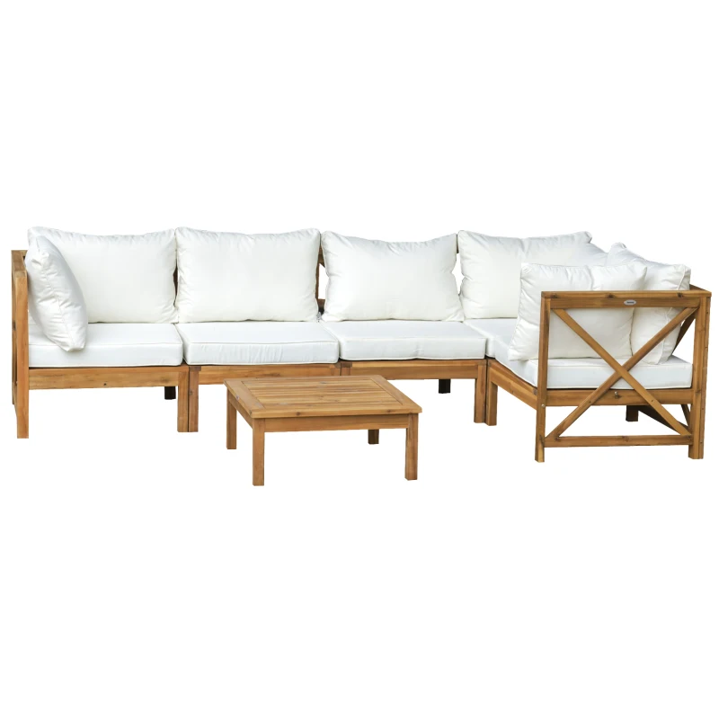 Outsunny 6-Piece Patio Furniture Set, Wooden Conversation Set, Modular Design Sectional Sofa Set with Coffee Table & 8 Pillows for Lawn, Backyard, White