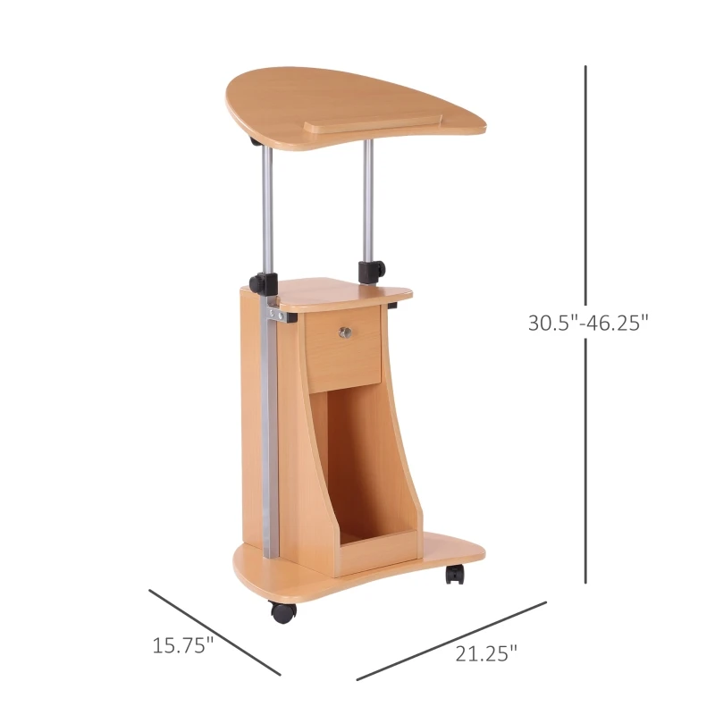 HOMCOM Mobile Laptop Cart,Sit-to-Stand Computer Desk with drawer, Height Adjustable Rolling Podium Desk Stand with Swivel Top & Storage, Beech Wood