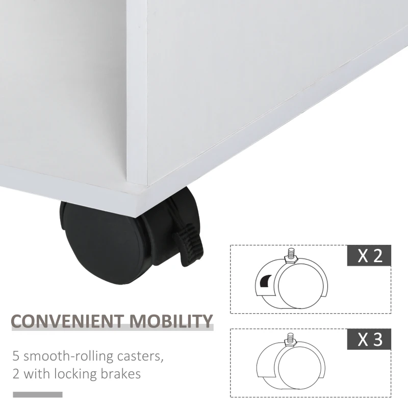 HOMCOM Wood Rolling File Cabinet Storage Organizer with 3 Large Open Shelves and Door Cabinet Door for Easy Storage and Mobility, White