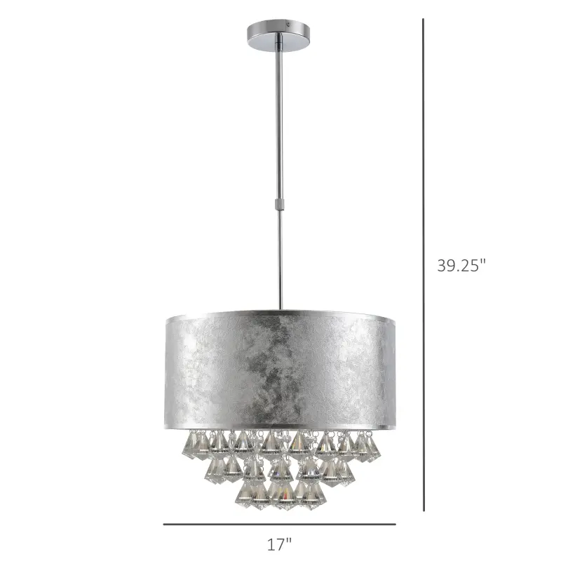 HOMCOM Modern Crystal Chandelier Light with Adjustable Hanging Pole, Ceiling-Connecting Metal Round Base, Grey