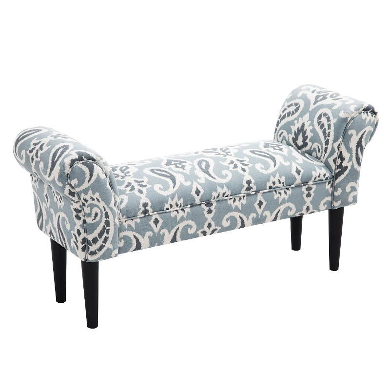 HOMCOM Linen Upholstered Vanity Accent Bench With Armrests - Blue Grey Paisley