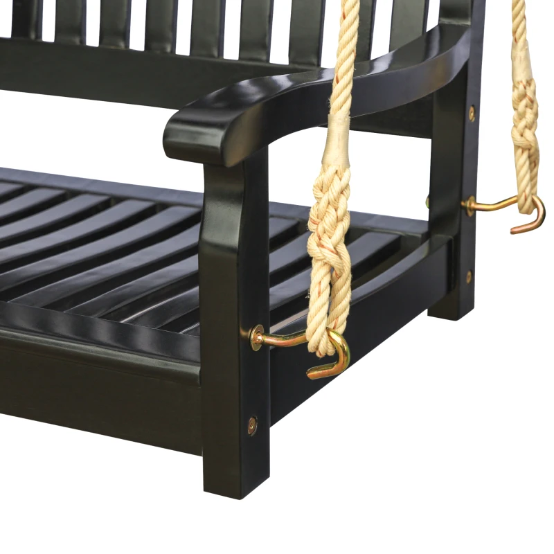 Outsunny 48'' 2-Seater Hanging Porch Swing, Outdoor Patio Wooden Swing Bench w/ Ropes, Slatted Design, 700 lb Weight Capacity, Black