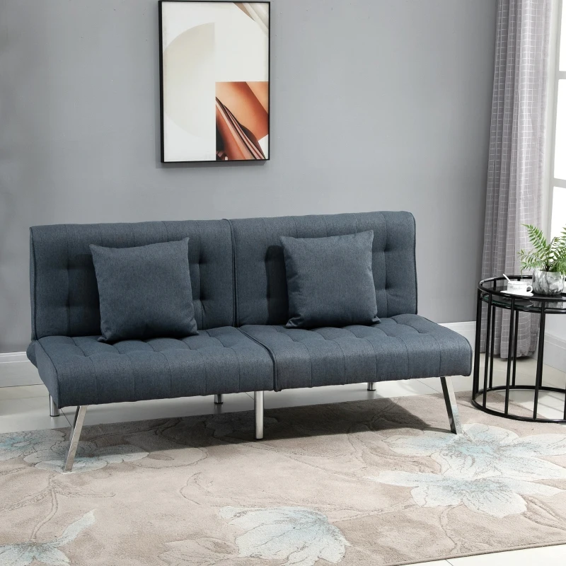 HOMCOM 2-Seater Convertible Sofa Bed with 7 Adjustable Angled Backrest Levels, 2 Pillows, and 5 Steel Legs, Grey