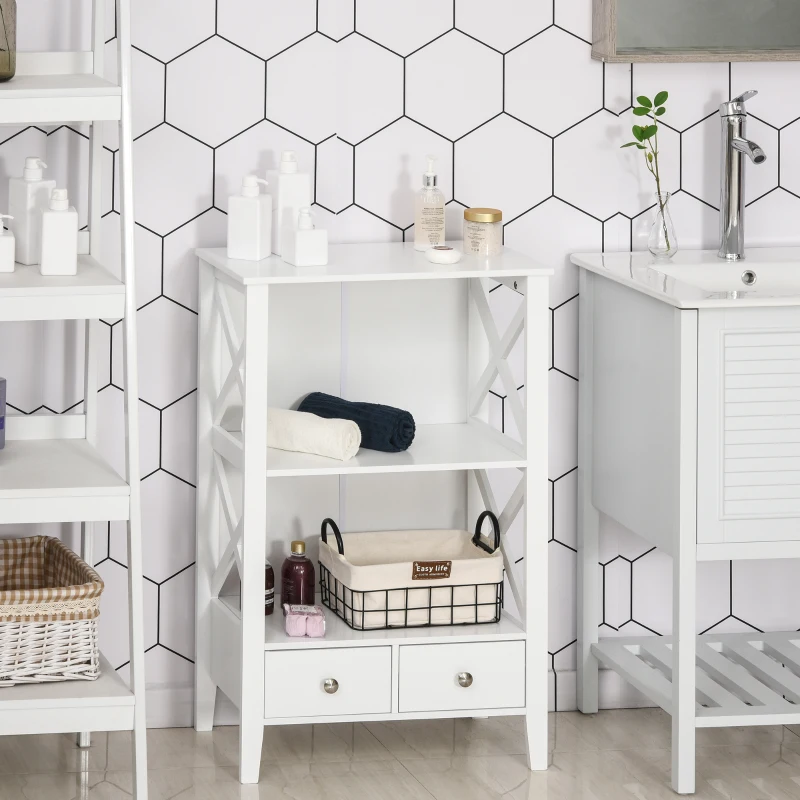 kleankin X- Frame Freestanding Floor Bathroom Storage with Two Drawers, Storage Organizer, Cabinet with 3 Shelves, White