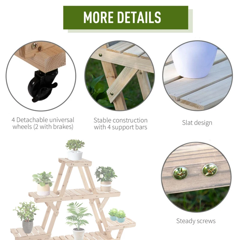 Outsunny Outdoor Plant Stand w/ Wheels and Brakes, Mobile Wood Plant Shelf Flower Stand for Garden Balcony Backyard Corner Living Room, Natural
