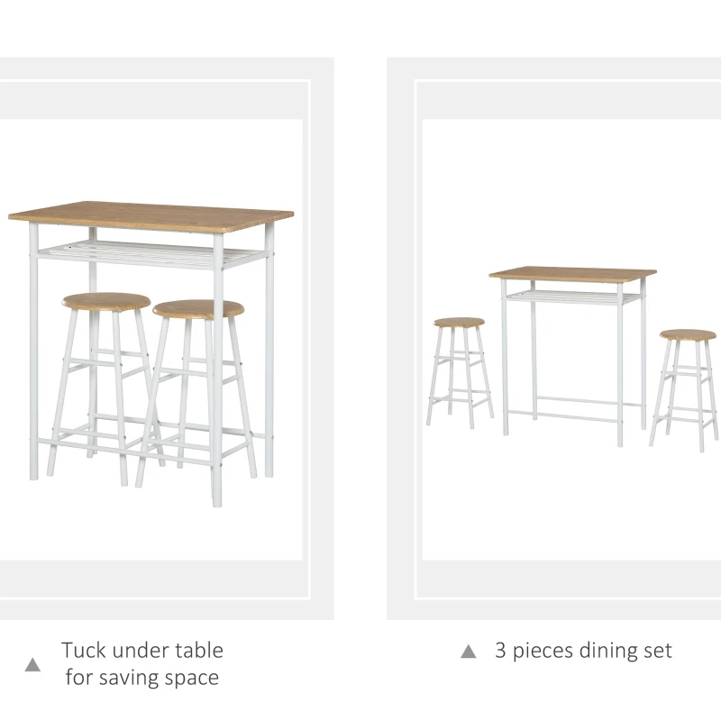 HOMCOM 3 Piece Counter Height Bar Table and Chairs Set, Space Saving Dining Table with 2 Matching Stools, Storage Shelf Metal Frame Footrest, White/Oak
