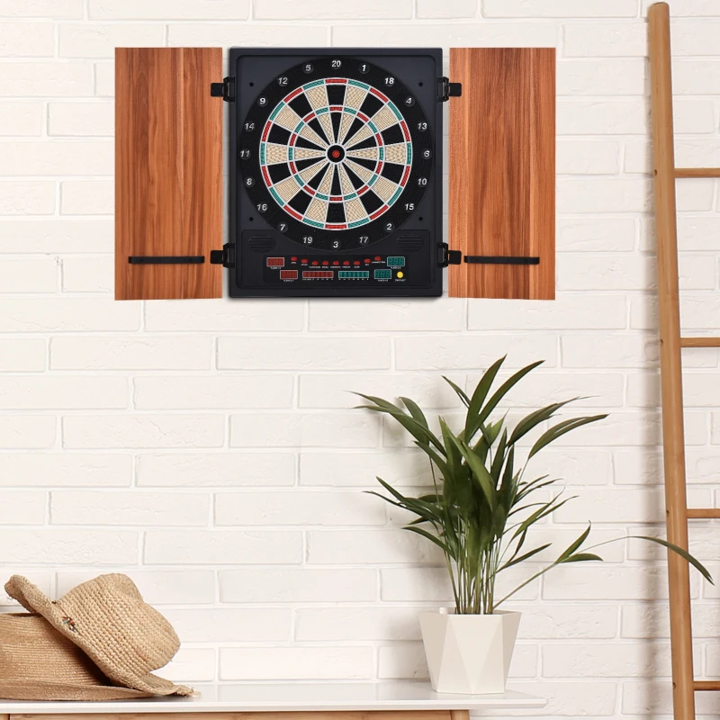 Soozier Electronic Dartboard Cabinet Set with 27 Main Games, 202 Variations, 12 Darts for Multi-Game Option Ready-to-Play, Light Brown