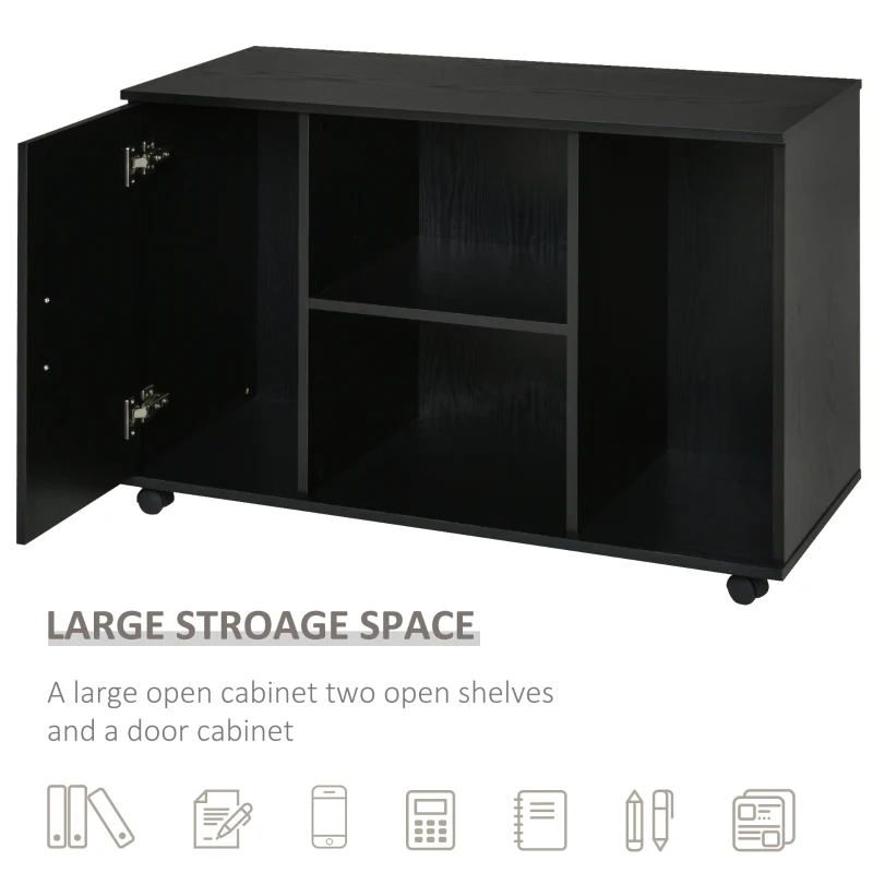 HOMCOM Wood Rolling File Cabinet Storage Organizer with 3 Large Open Shelves and Door Cabinet Door for Easy Storage and Mobility, Black